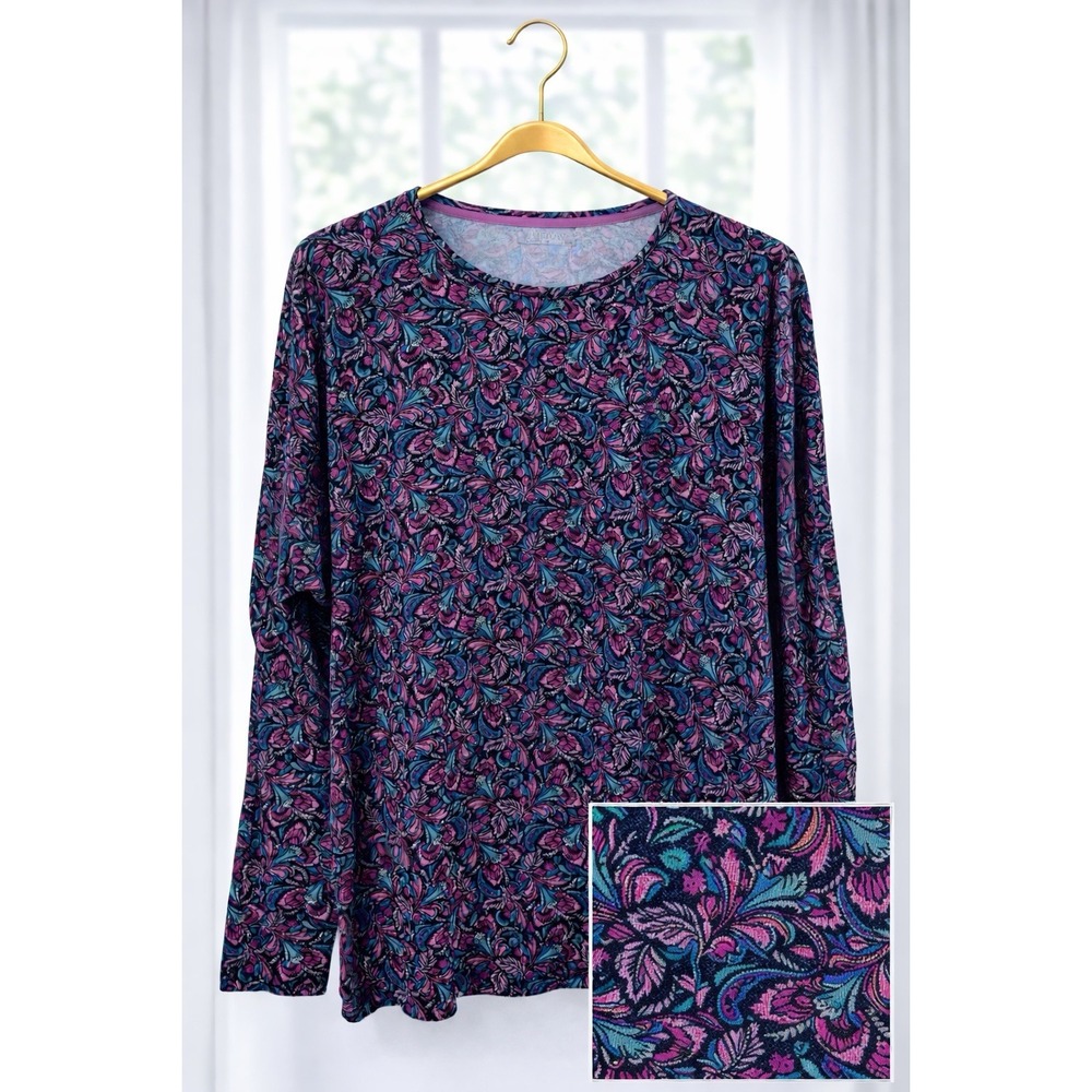 Croft & Barrow Classic Tee Top 100% Cotton Burgundy‎ Print Long Sleeve Size 2x